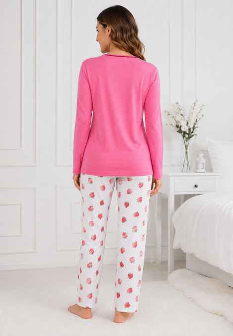 Pijama de damă cu bluză cu maneca lunga și pantaloni -Roz ,Engros