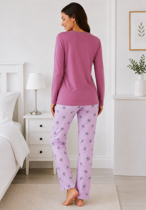 Pijama de damă cu bluză cu maneca lunga și pantaloni lung -Mov ,Engros