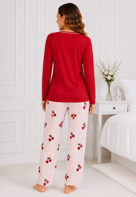 Pijama de damă cu bluză cu maneca lunga și pantaloni -Rosu ,Engros