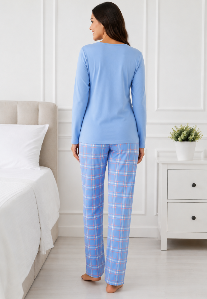 Pijama de damă cu bluză cu maneca lunga și pantaloni-bleu,Engros