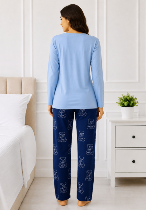 Pijama de damă cu bluză cu maneca lunga și pantaloni-Bleu,Engros