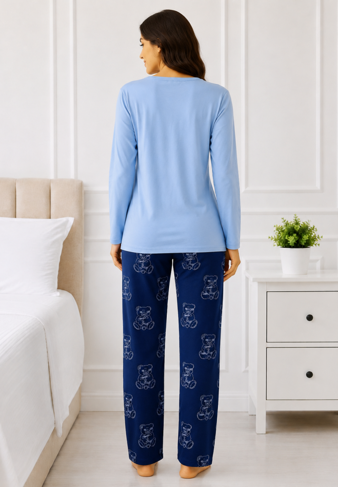 Pijama de damă cu bluză cu maneca lunga și pantaloni-Bleu,Engros