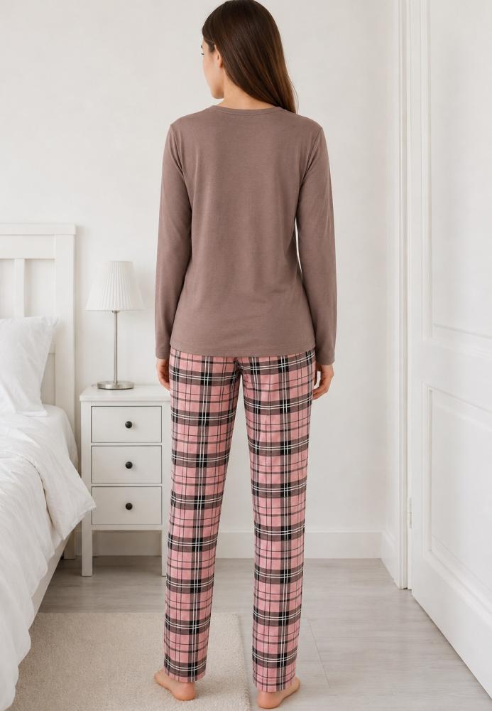 Pijama de damă Serena cu bluză cu maneca lunga și pantaloni lung -Maro ,Engros