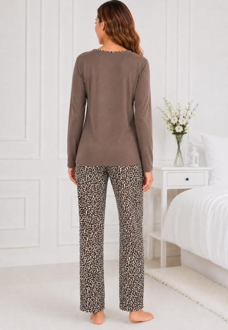 Pijama de damă cu bluză cu maneca lunga și pantaloni -Maro,Engros