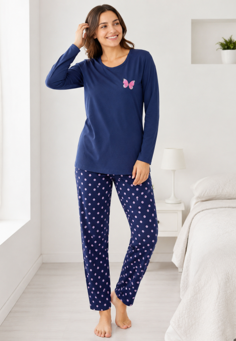 Pijama de damă cu bluză cu maneca lunga și pantaloni -Bleumarin,Engros