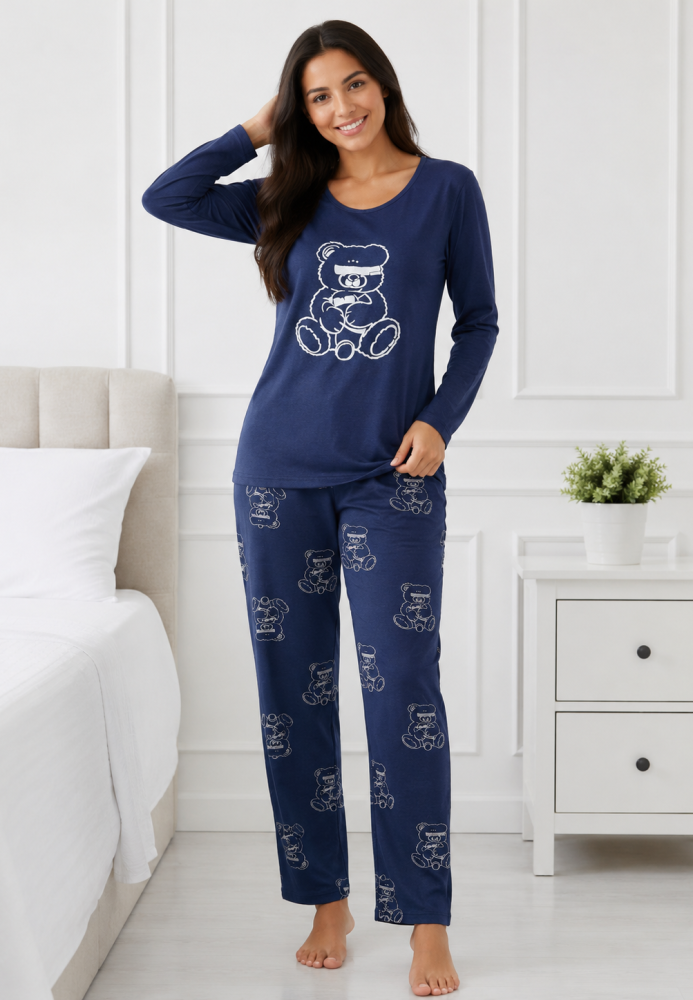 Pijama de damă cu bluză cu maneca lunga și pantaloni-Bleumarin,Engros