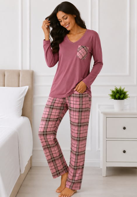 Pijama de damă cu bluză cu maneca lunga și pantaloni-Roz prafuit ,Engros
