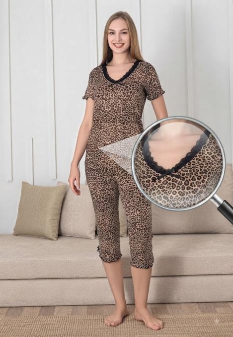 Pijama dama Engros, Model leopard, Mânecă scurtă, Pantaloni 3/4
