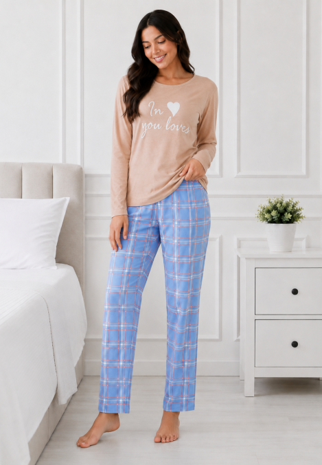 Pijama de damă cu bluză cu maneca lunga și pantaloni-Bej,Engros