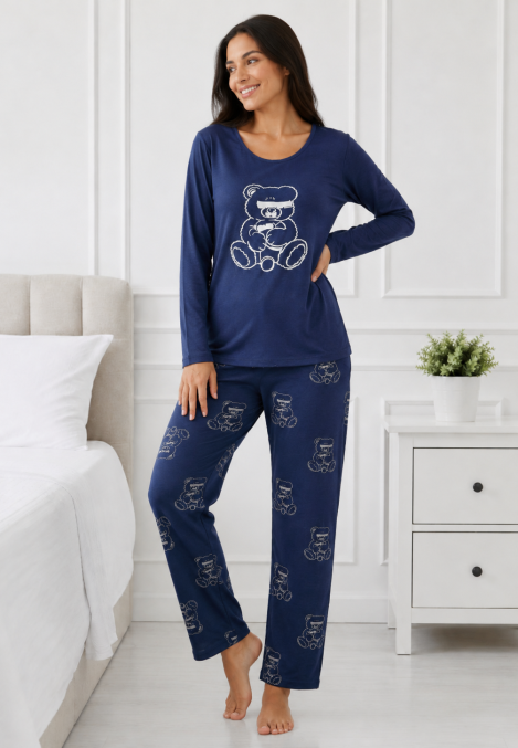 Pijama de damă cu bluză cu maneca lunga și pantaloni-Bleumarin,Engros