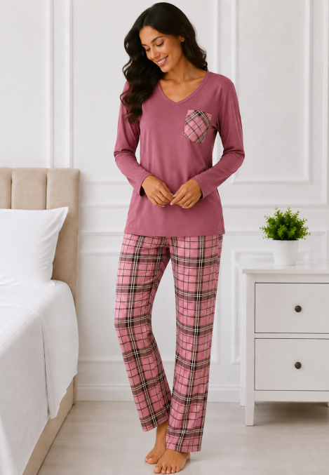 Pijama de damă cu bluză cu maneca lunga și pantaloni-Roz prafuit ,Engros