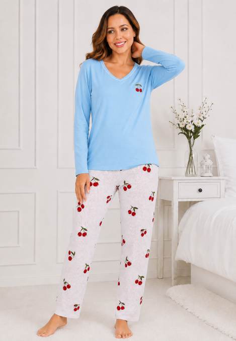 Pijama de damă cu bluză cu maneca lunga și pantaloni -Bleu ,Engros