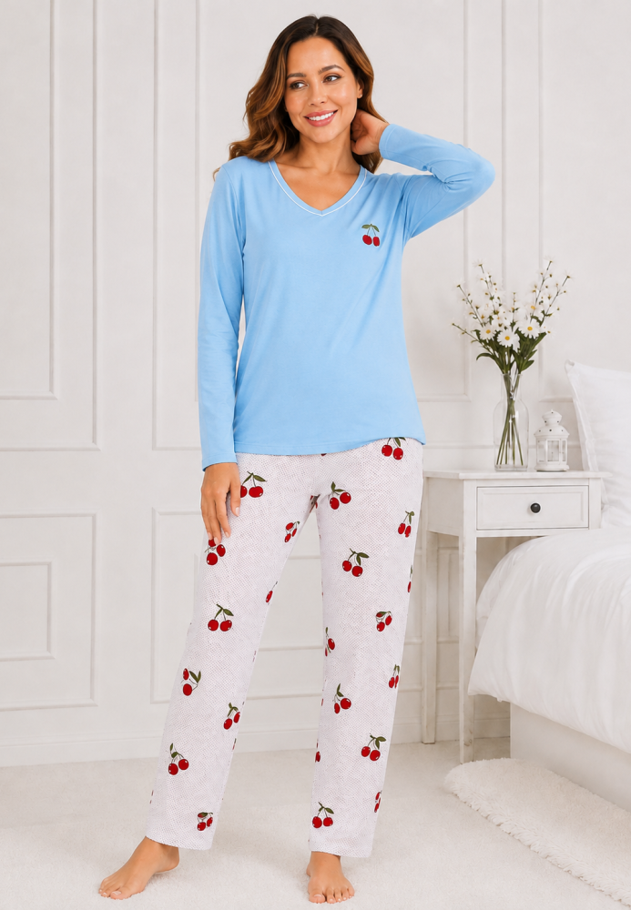 Pijama de damă cu bluză cu maneca lunga și pantaloni -Bleu ,Engros