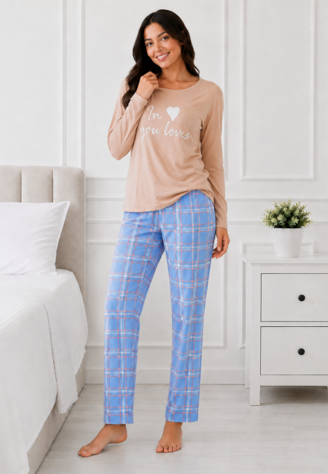 Pijama de damă cu bluză cu maneca lunga și pantaloni-Bej,Engros