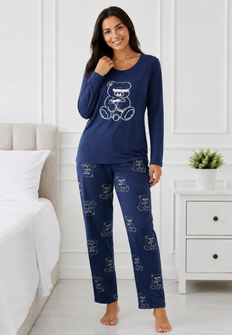 Pijama de damă cu bluză cu maneca lunga și pantaloni-Bleumarin,Engros