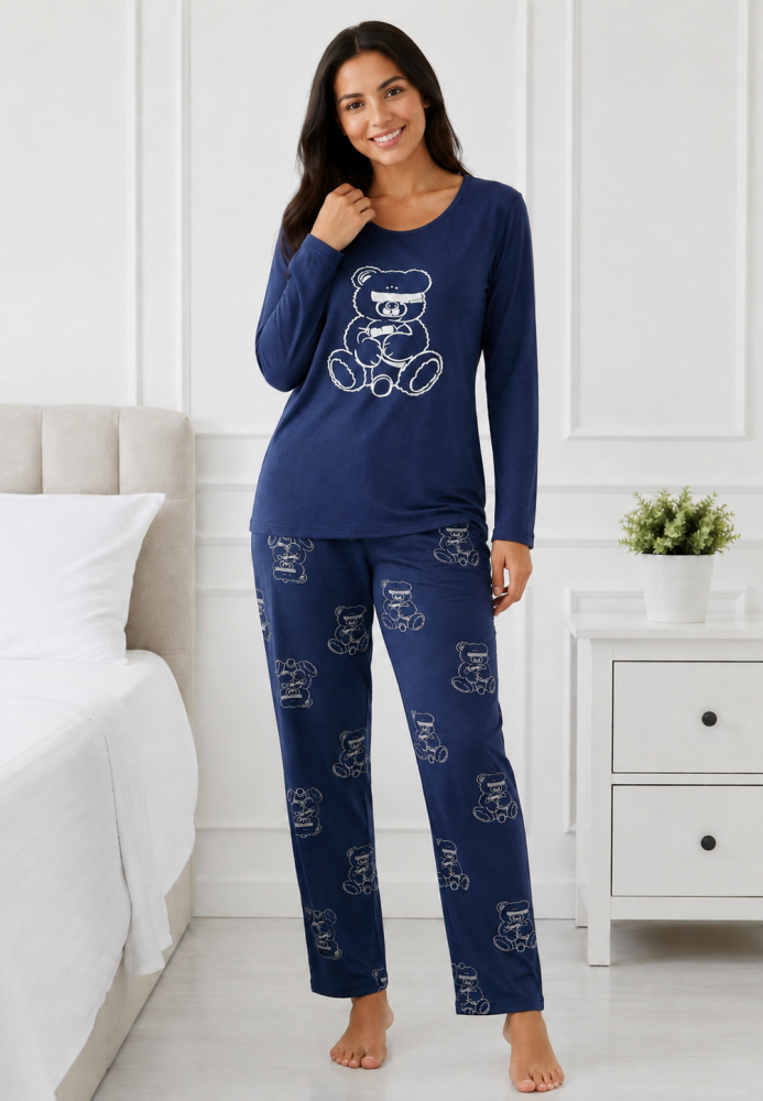 Pijama de damă cu bluză cu maneca lunga și pantaloni-Bleumarin,Engros