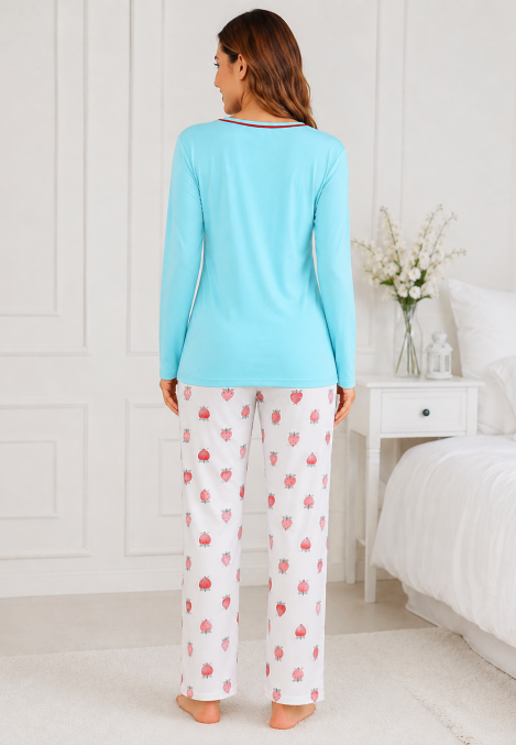 Pijama de damă cu bluză cu maneca lunga și pantaloni -Bleu ,Engros