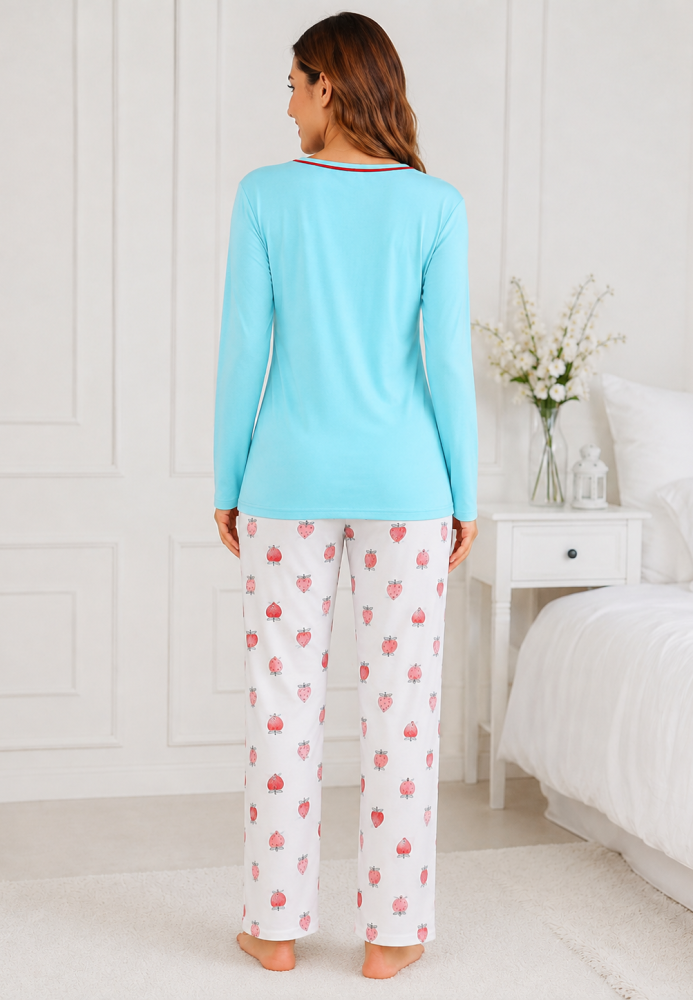 Pijama de damă cu bluză cu maneca lunga și pantaloni -Bleu ,Engros