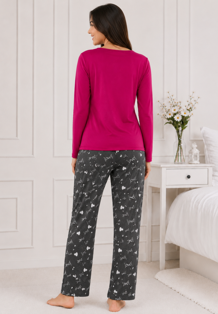 Pijama de damă cu bluză cu maneca lunga și pantaloni -Fucsia,Engros