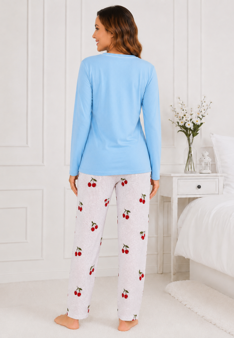 Pijama de damă cu bluză cu maneca lunga și pantaloni -Bleu ,Engros