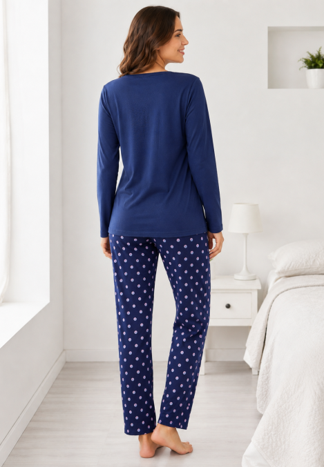 Pijama de damă cu bluză cu maneca lunga și pantaloni -Bleumarin,Engros