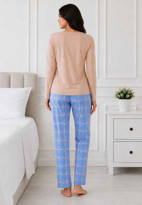 Pijama de damă cu bluză cu maneca lunga și pantaloni-Bej,Engros