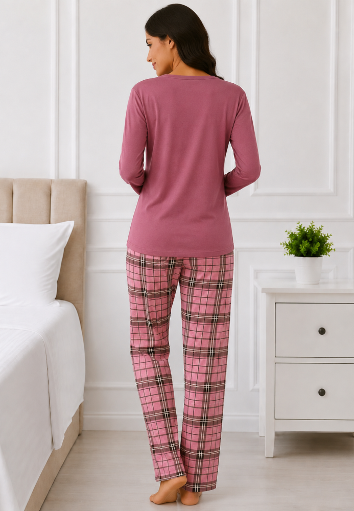Pijama de damă cu bluză cu maneca lunga și pantaloni-Roz prafuit ,Engros