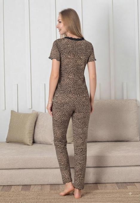 Pijama dama Engros, Model leopard, Mânecă scurtă, Pantaloni lungi,