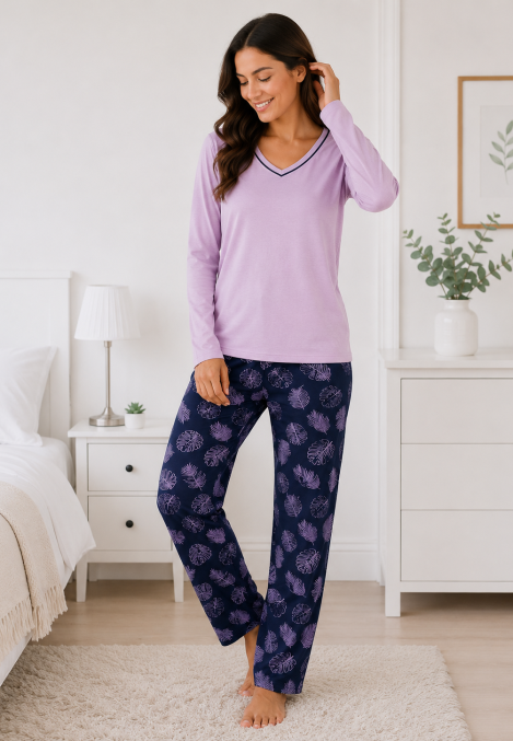 Pijama de damă cu bluză cu maneca lunga și pantaloni lung -Lila,Engros