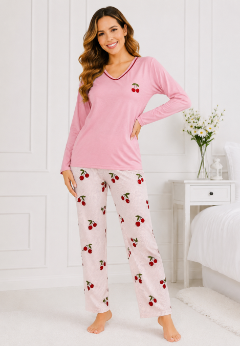 Pijama de damă cu bluză cu maneca lunga și pantaloni -Bleu ,Engros