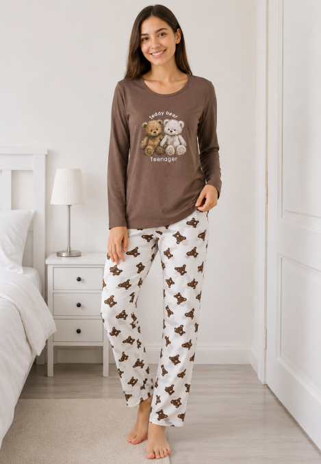 Pijama de damă cu bluză cu maneca lunga și pantaloni lung -Maro ,Engros