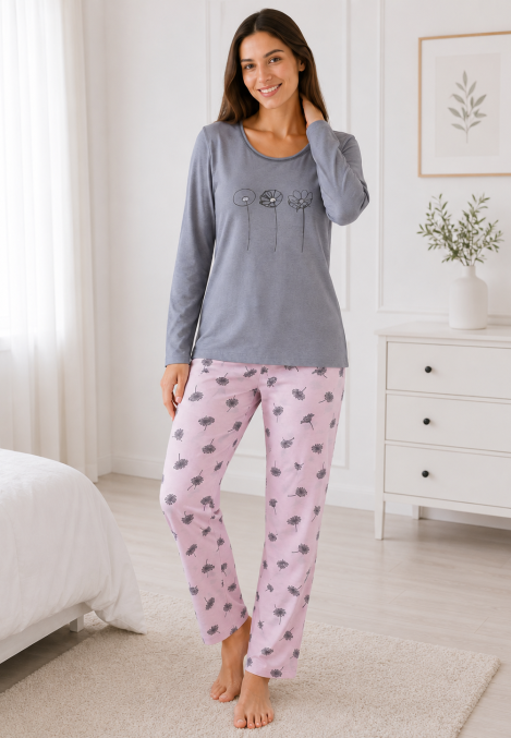 Pijama de damă cu bluză cu maneca lunga și pantaloni lung -Gri ,Engros