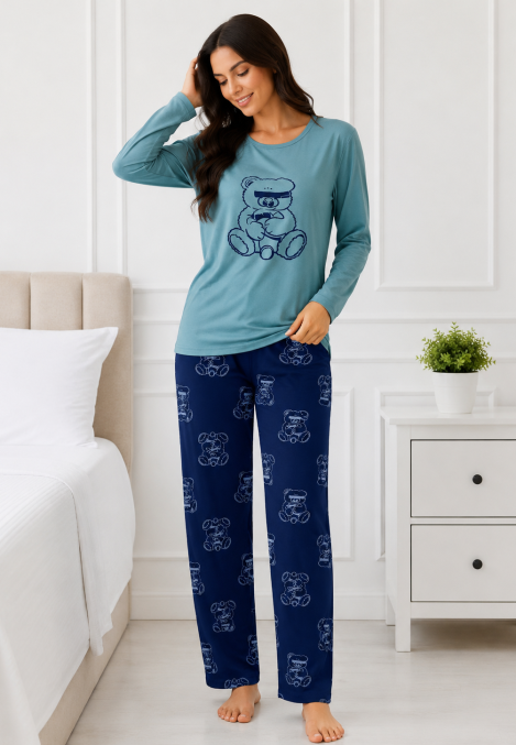 Pijama de damă cu bluză cu maneca lunga și pantaloni-Turcoaz,Engros