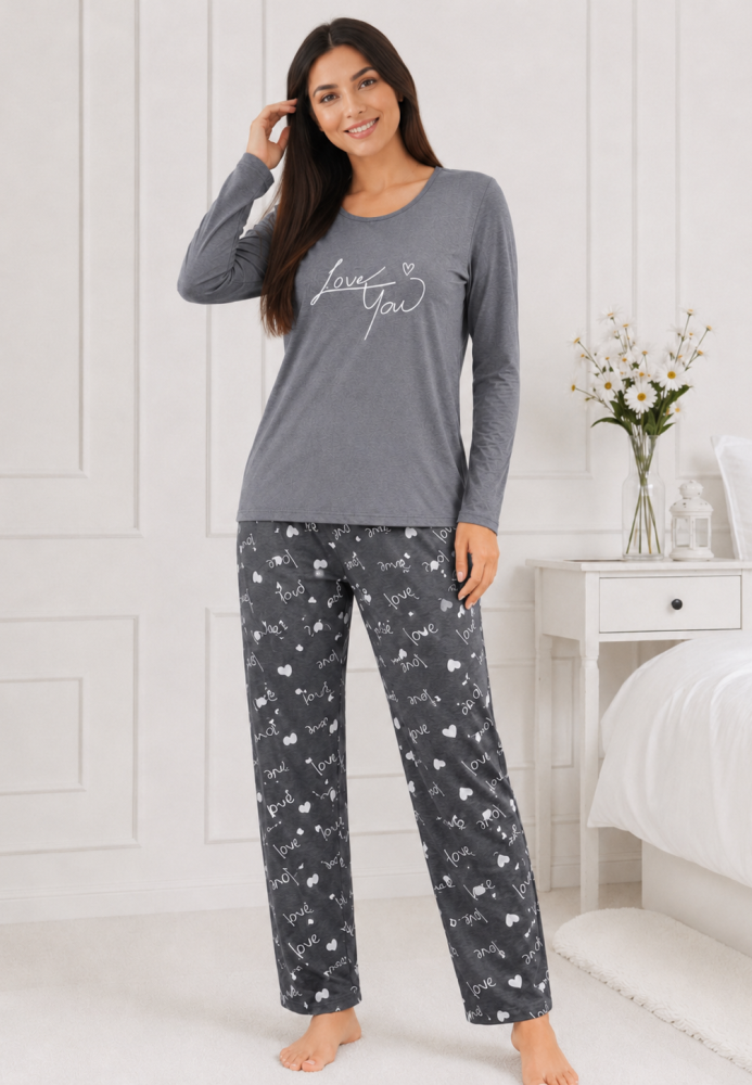 Pijama de damă cu bluză cu maneca lunga și pantaloni -Gri,Engros