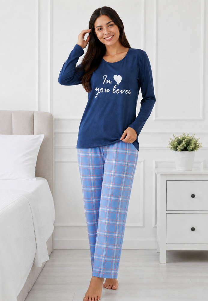 Pijama de damă cu bluză cu maneca lunga și pantaloni-Bleumarin,Engros