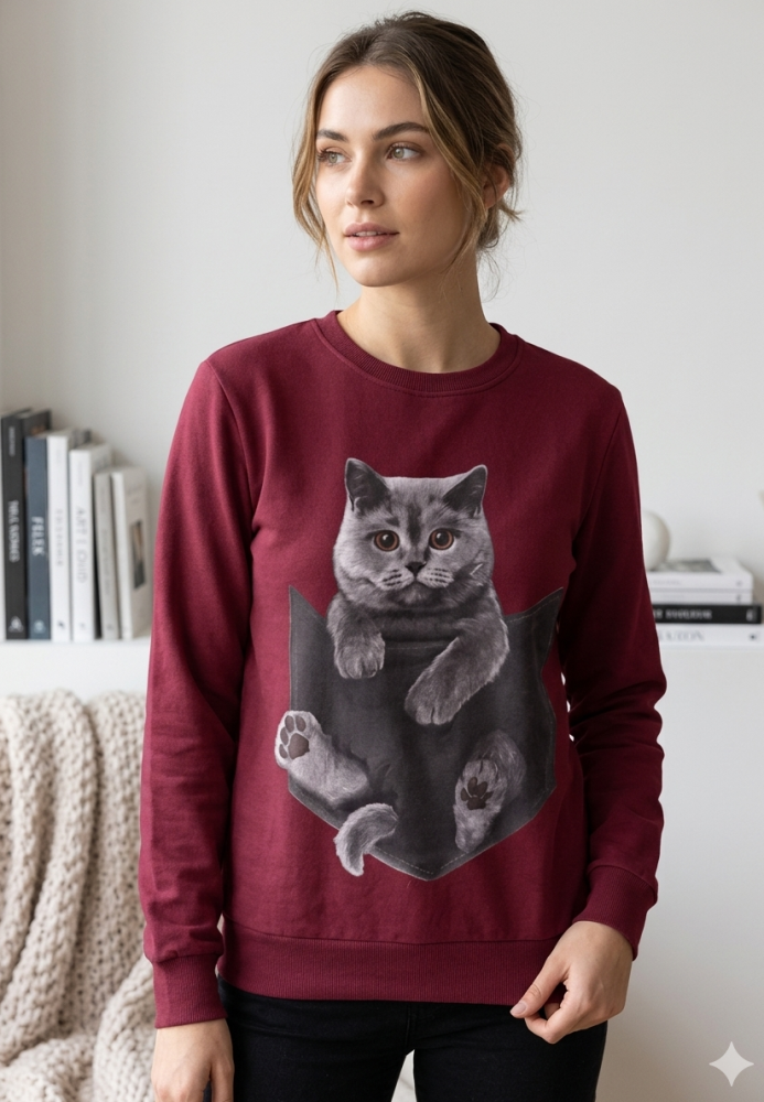 Bluza dama , imprimeu pisica,culoare visiniu,En-gros