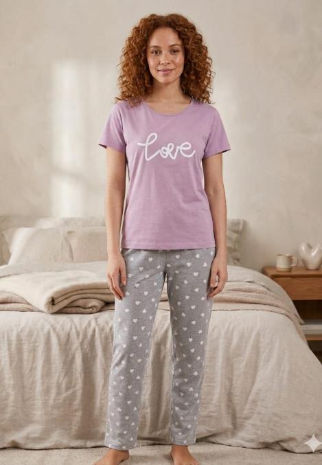 Pijama damă Serena cu mânecă scurtă și pantaloni lungi, Mov, imprimeu Cafea, Engros