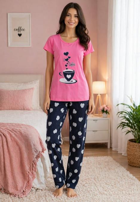 Pijama damă Serena cu mânecă scurtă și pantaloni lungi, roz, imprimeu Cafea, Engros