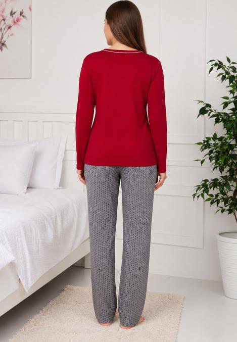 Pijama de damă cu bluză cu maneca lunga și pantaloni lung -Rosu,Engros