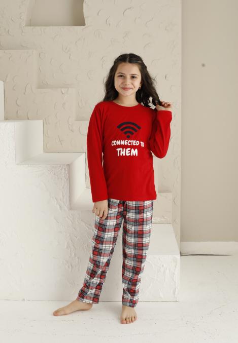 Pijama Fete, Mânecă Lungă si Pantaloni Lungi, Imprimeu CONNECTED ,Culoare Bordo,Engros