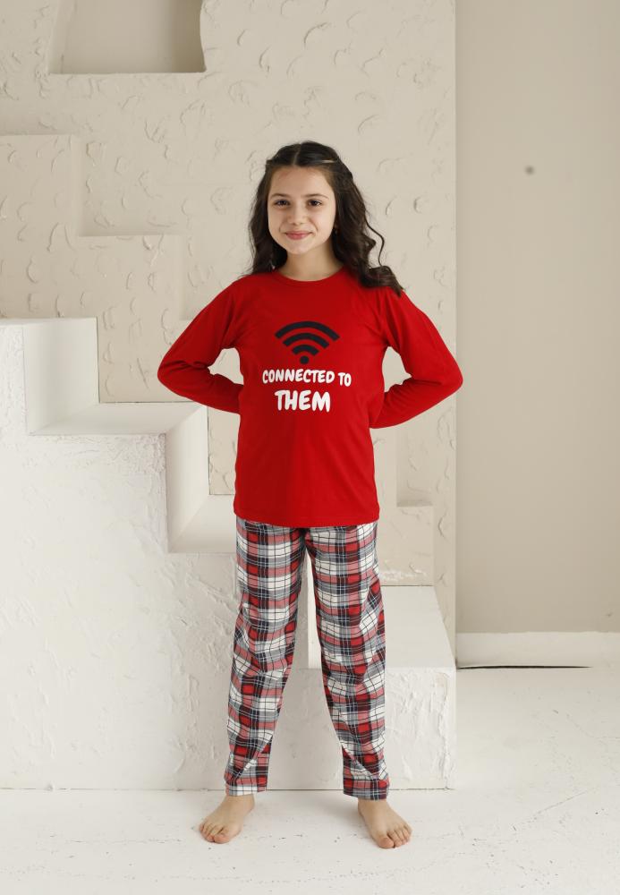 Pijama Fete, Mânecă Lungă si Pantaloni Lungi, Imprimeu CONNECTED ,Culoare Bordo,Engros