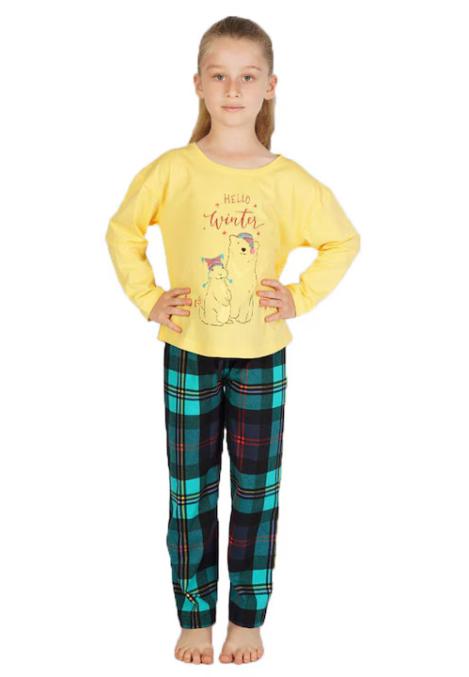 Pijama copii, mânecă lungă, pantalon lung, imprimeu Hello Winter,Culoare Galben,Engros