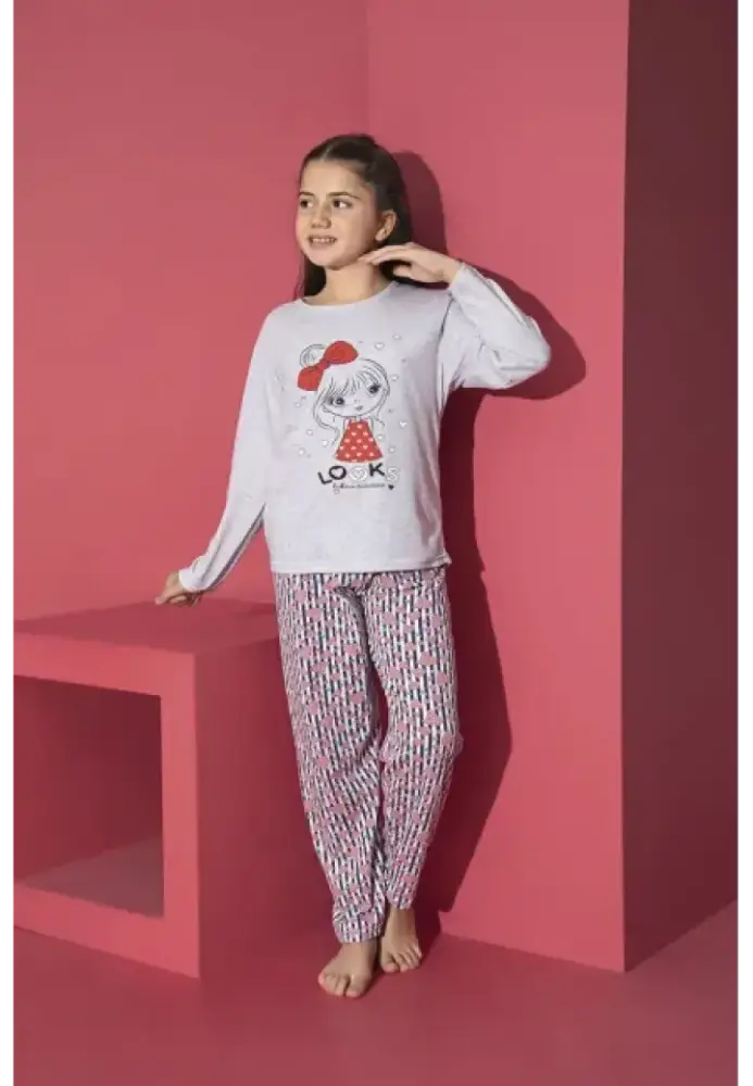 Pijama Fete, Mânecă Lungă, Imprimeu Looks,Culoare Gri,Engros