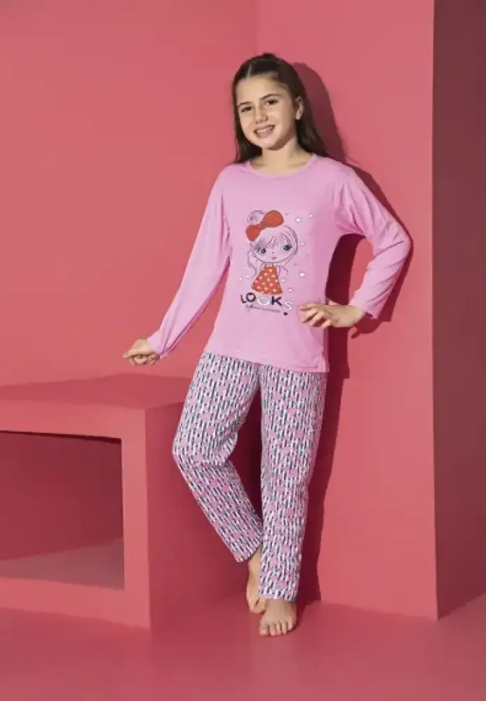Pijama Fete, Mânecă Lungă, Imprimeu Looks,Culoare Roz ,Engros