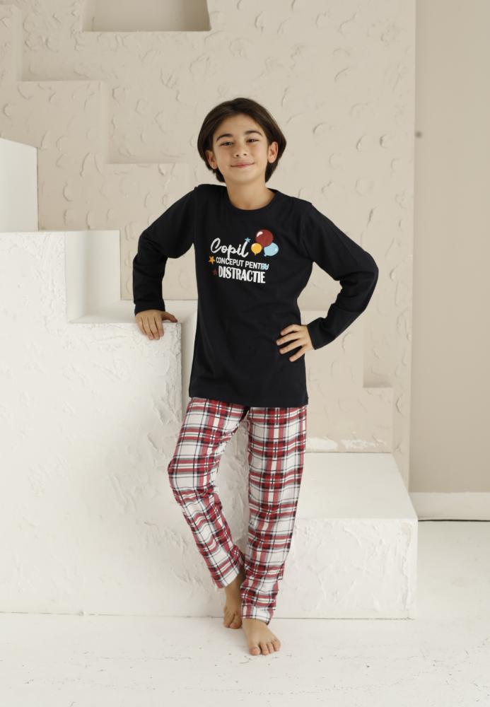 Pijama Băieți cu Maneca Lungă și Pantaloni Lungi, model ,,Copil Conceput Pentru Distractie''Culoare Negru,Engros