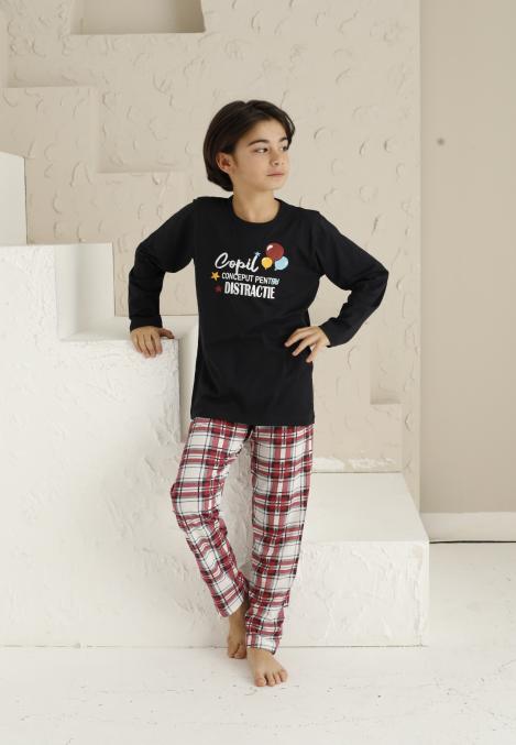Pijama Băieți cu Maneca Lungă și Pantaloni Lungi, model ,,Copil Conceput Pentru Distractie''Culoare Negru,Engros