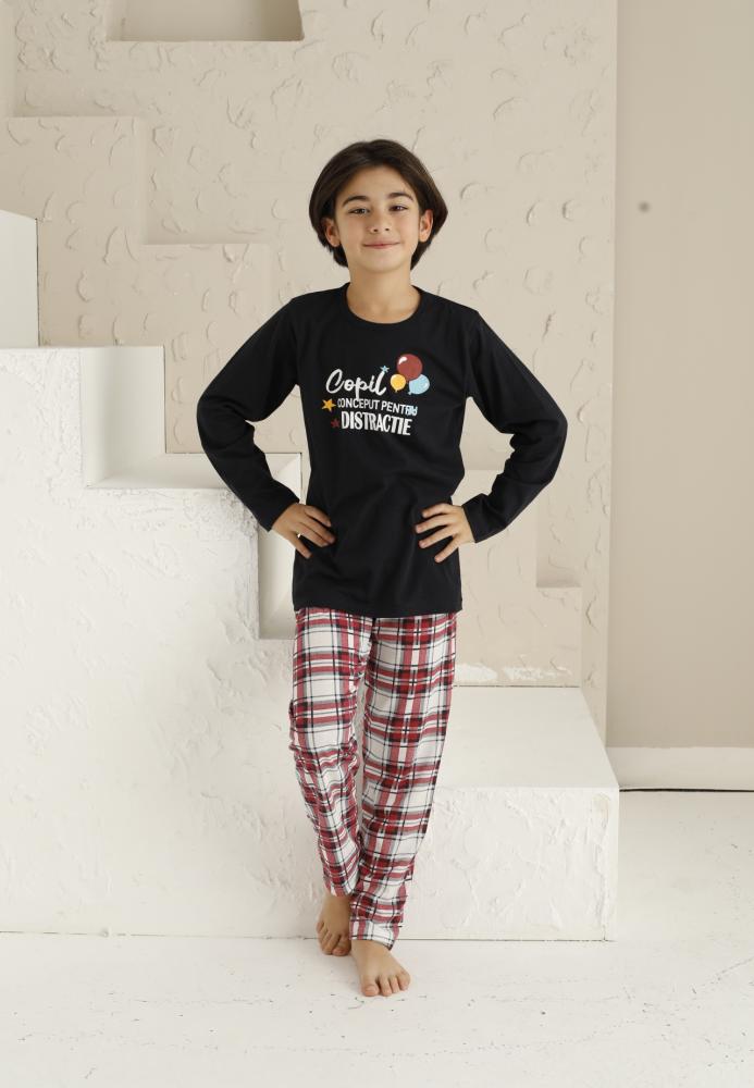 Pijama Băieți cu Maneca Lungă și Pantaloni Lungi, model ,,Copil Conceput Pentru Distractie''Culoare Negru,Engros