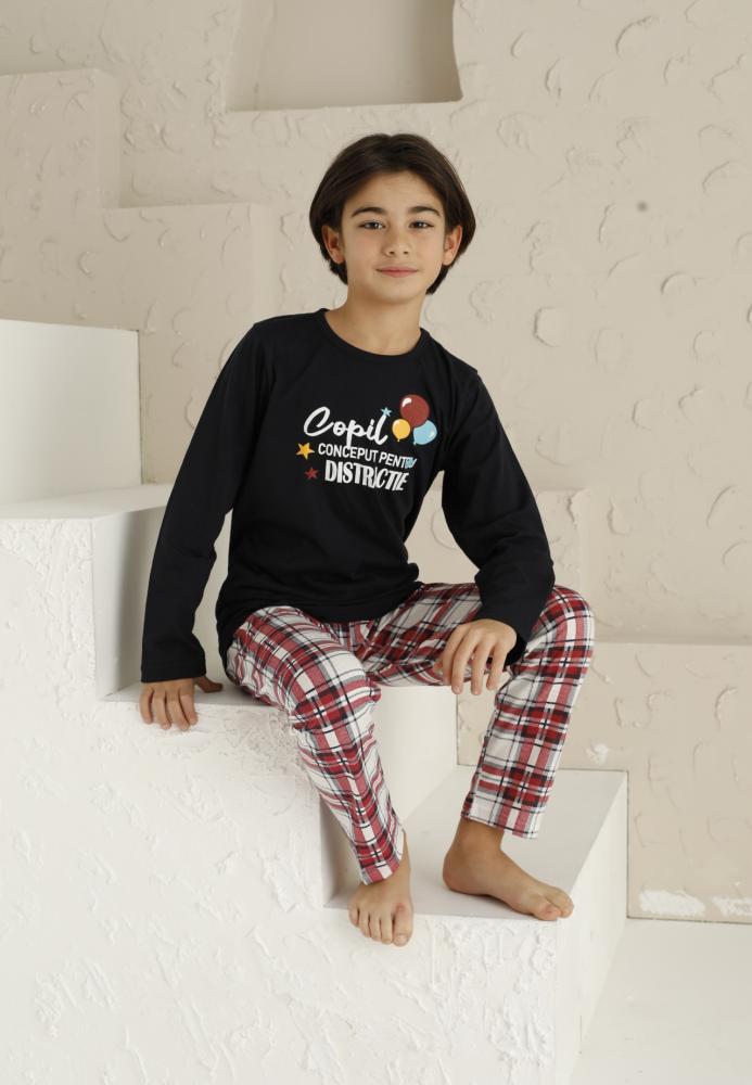 Pijama Băieți cu Maneca Lungă și Pantaloni Lungi, model ,,Copil Conceput Pentru Distractie''Culoare Negru,Engros