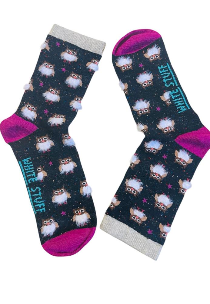 Șosete damă organice fără cusătură , imprimeu cu bufnita,culoare negru,Engros
