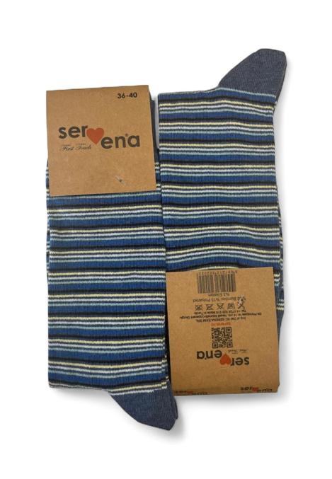 Sosete Unisex,Inalte,Culoare Albastru cu Dungi Colorate ,Engros